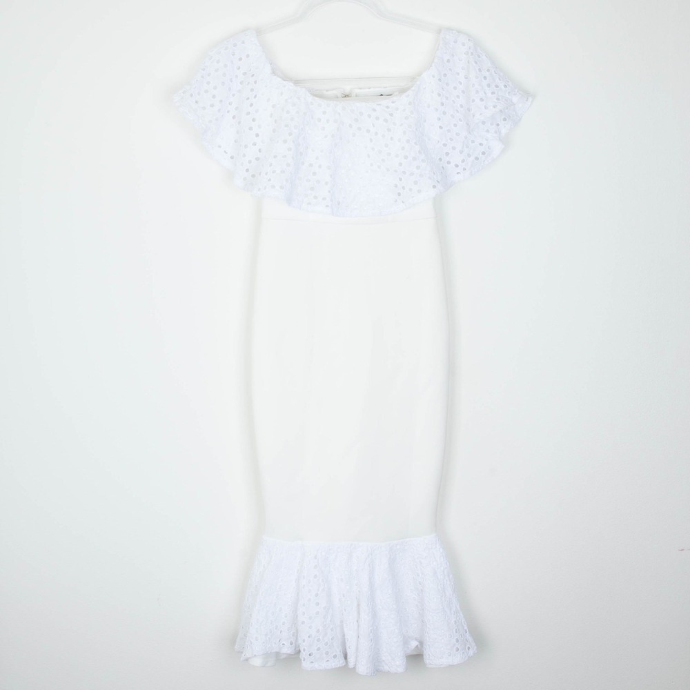 NWT ASOS Womens Eyelet Ruffle Off Shoulder Trumpet Midi Dress Size 0 White Bride